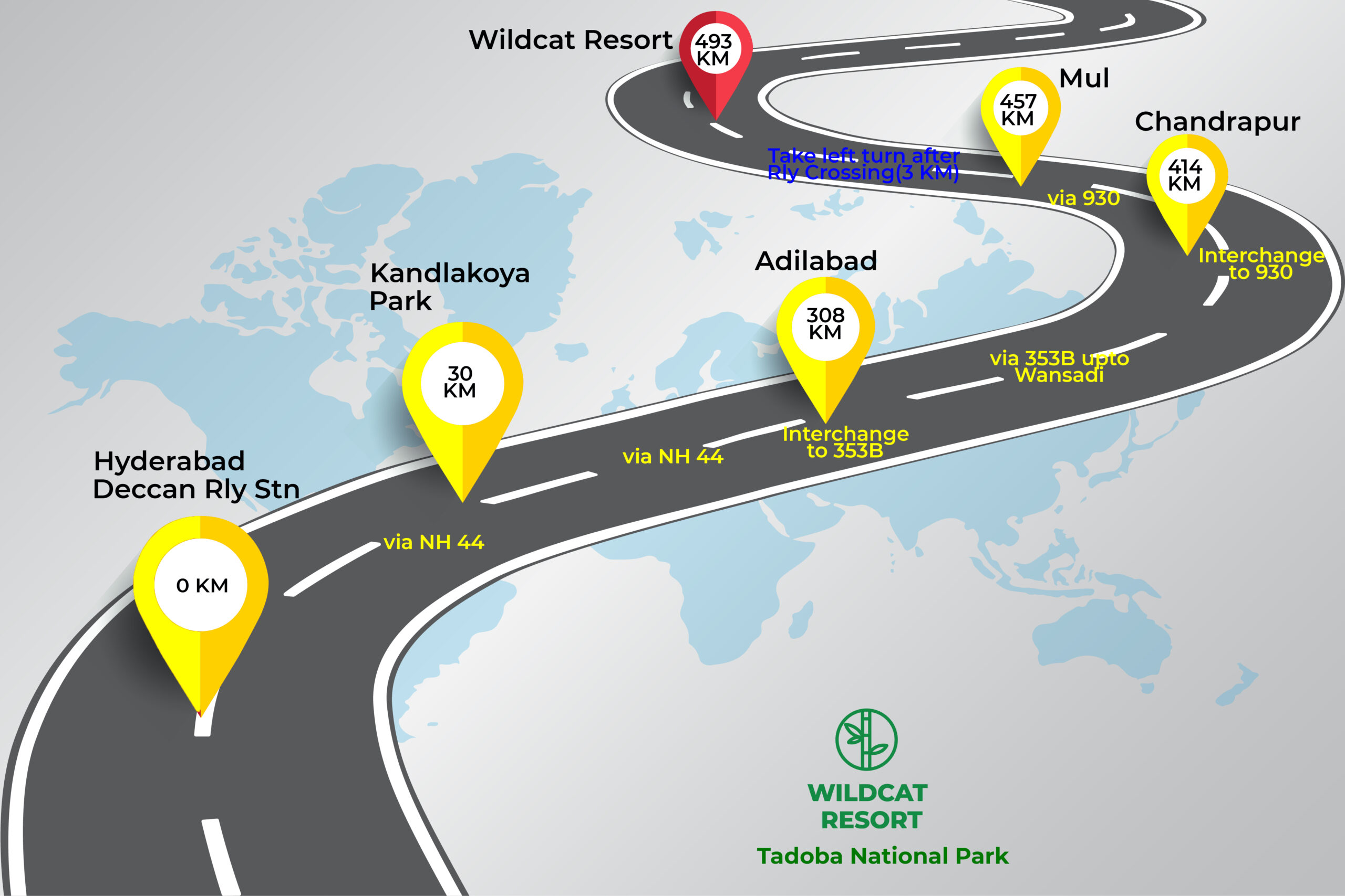 Hyderabad to Tadoba route map via Adilabad, Chandrapur, Mul, Wildcat Resort Tadoba