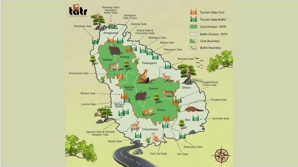 Map of Tadoba-Andhari Tiger Reserve showing core and buffer zones and safari entry gates