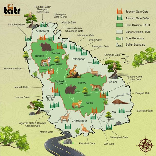 Map of Tadoba-Andhari Tiger Reserve showing core and buffer zones and safari entry gates