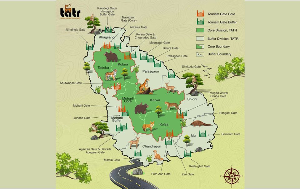 Map of Tadoba-Andhari Tiger Reserve showing core and buffer zones and safari entry gates